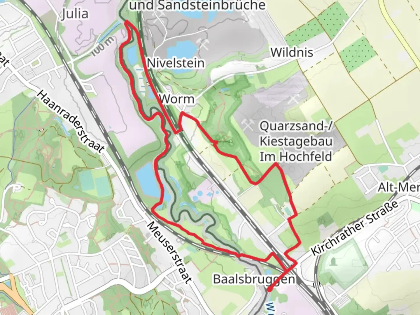 An image depicting the trail Wasserweg Wurm Loop and its surrounding area.