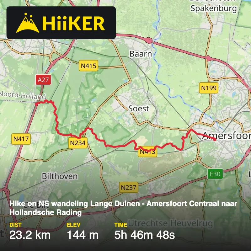 A map preview of the recording Hike on NS wandeling Lange Duinen - Amersfoort Centraal naar Hollandsche Rading.