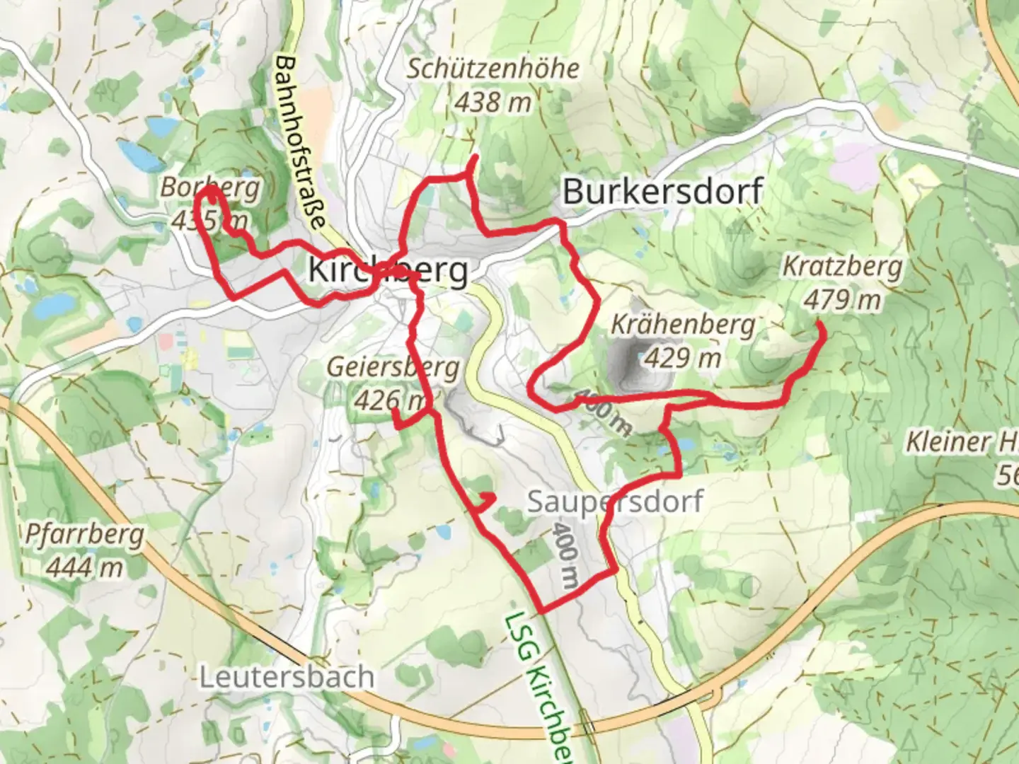 An image depicting the trail Geiersberg, Kreuzhübel, Kratzberg, Schießhausberg and Borberg Loop and its surrounding area.