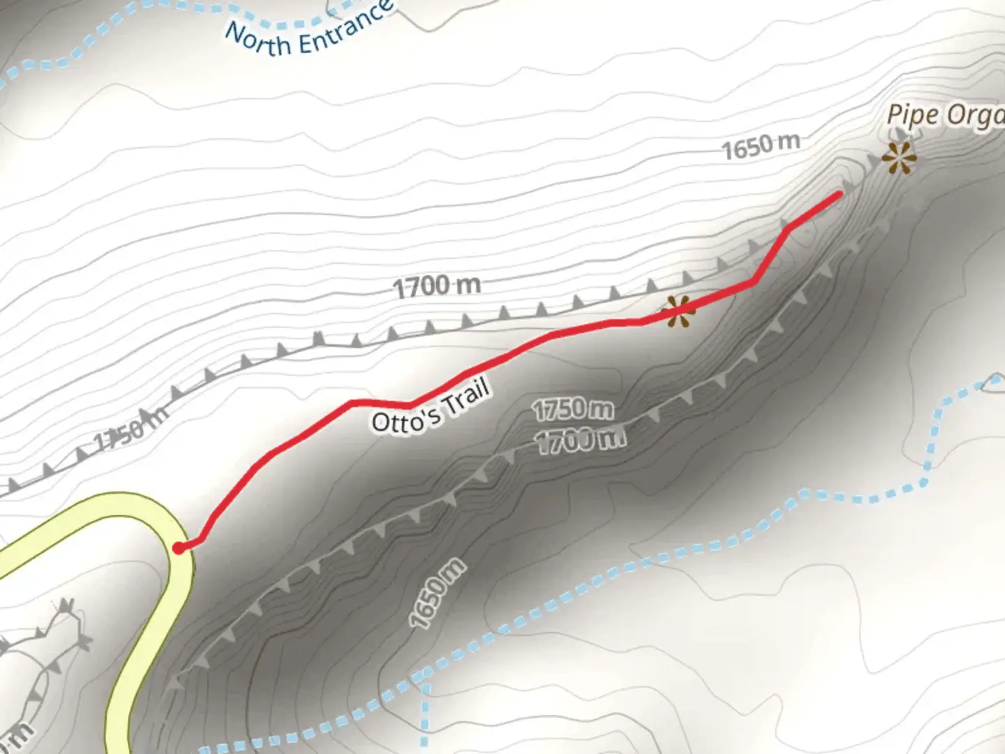 An image depicting the trail Pipe Organ - Otto's Trail and its surrounding area.