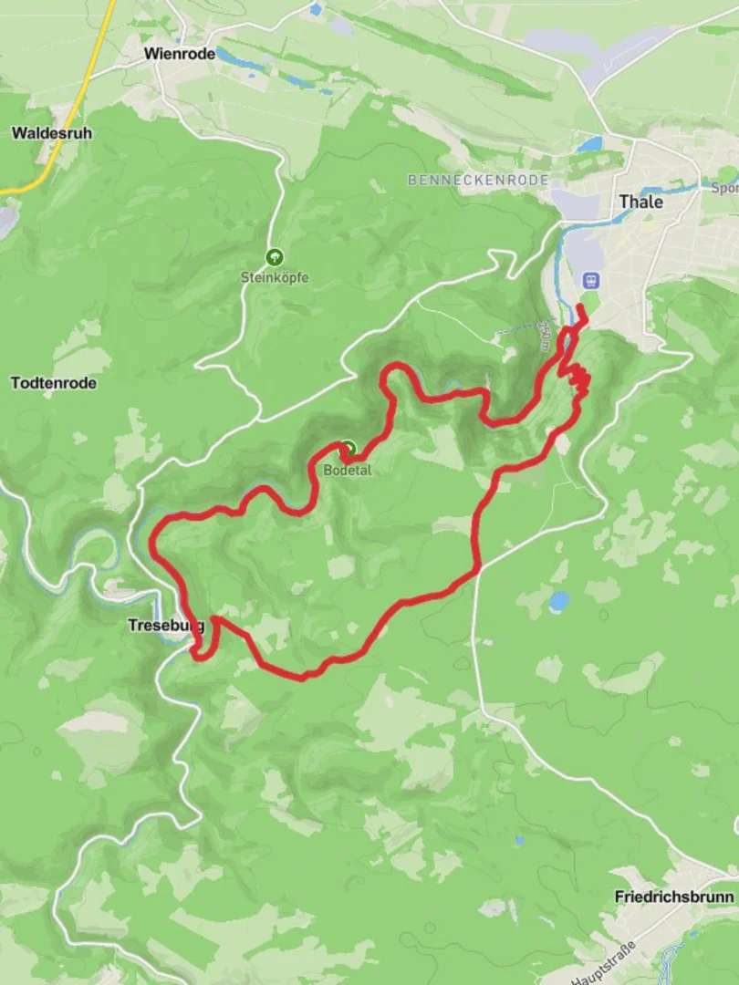 An image depicting the trail Thale Hauptbahnhof and Treseburg Loop and its surrounding area.