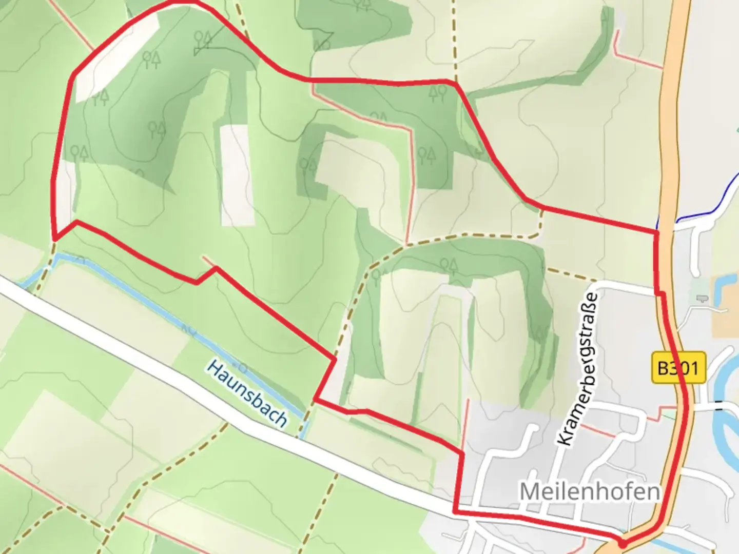 An image depicting the trail Meilenhofen Loop and its surrounding area.