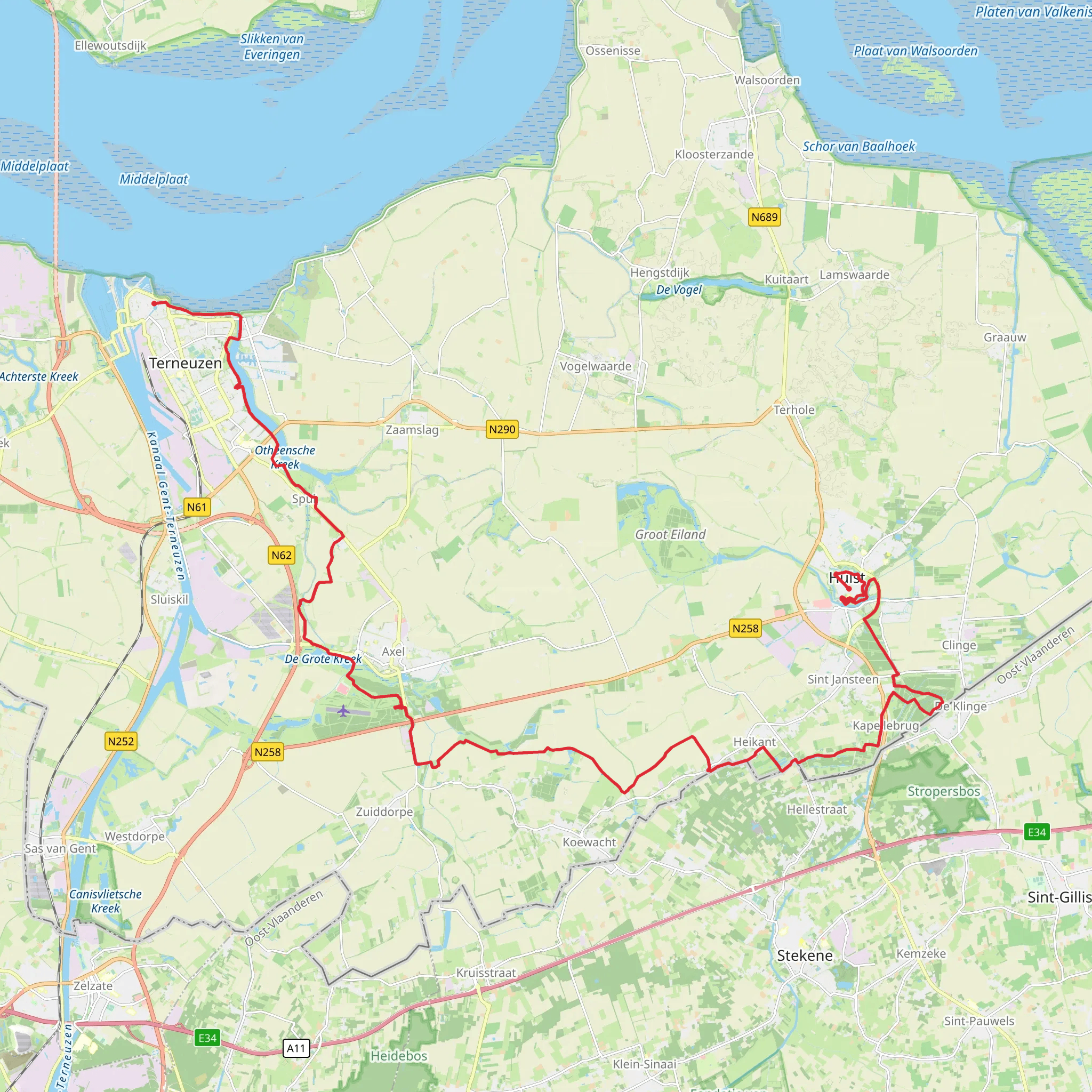 Terneuzen to Hulst via Kapellebrug, Fort Sint Joseph and Axelse Kreek mobile static map
