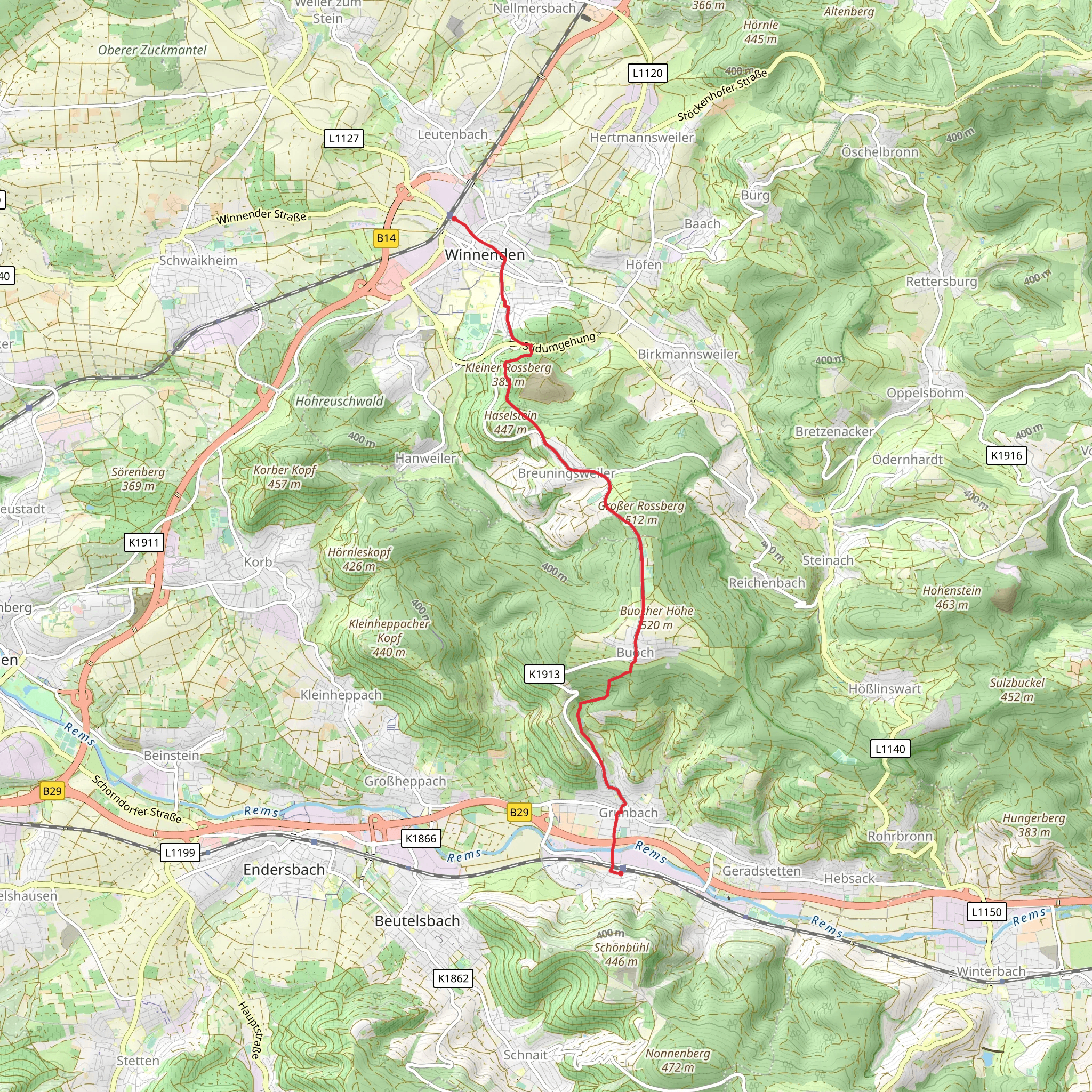 Winnenden to Grunbach Walk mobile static map