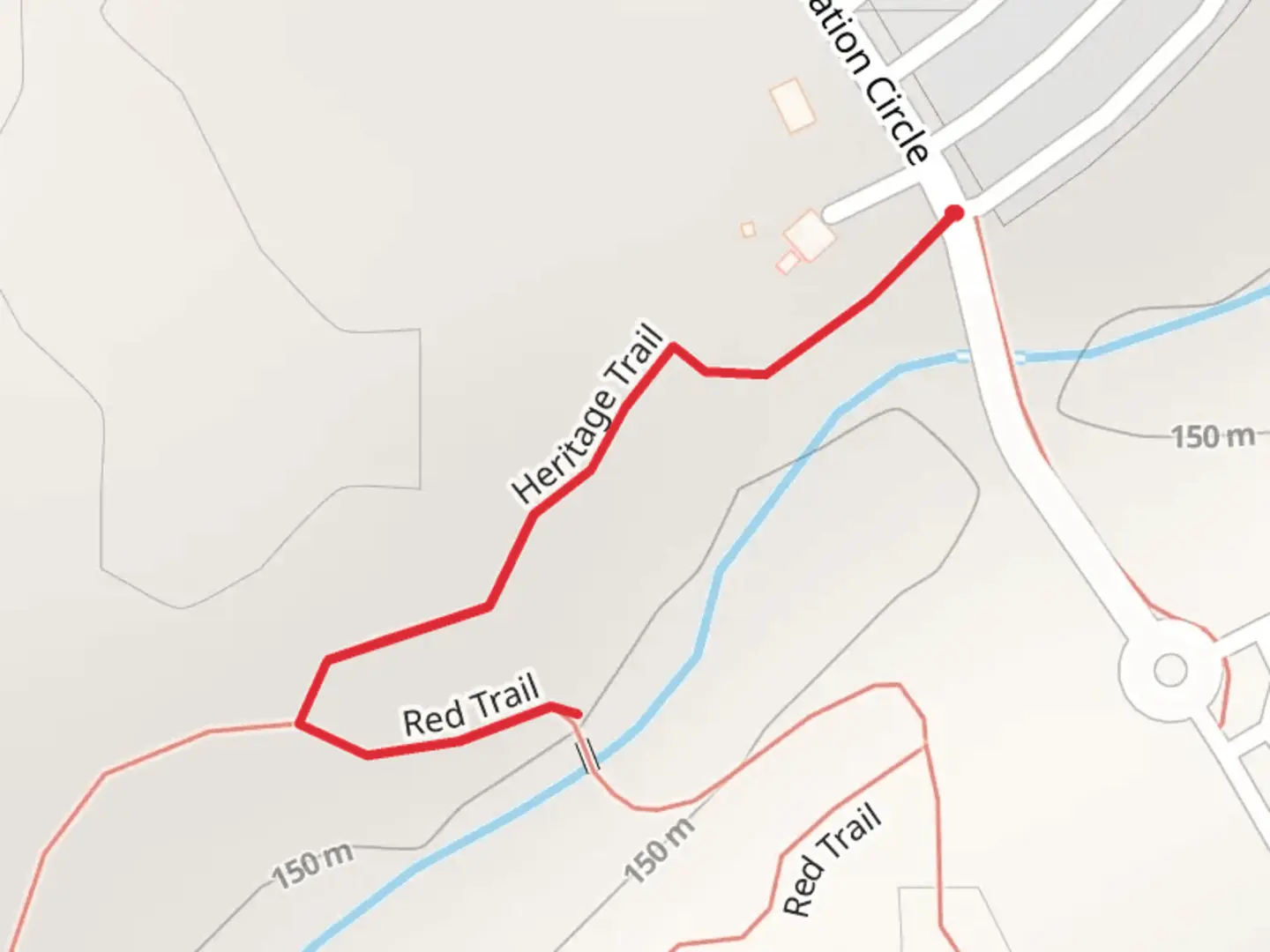 An image depicting the trail Flag Branch via Heritage Trail and Red Trail and its surrounding area.