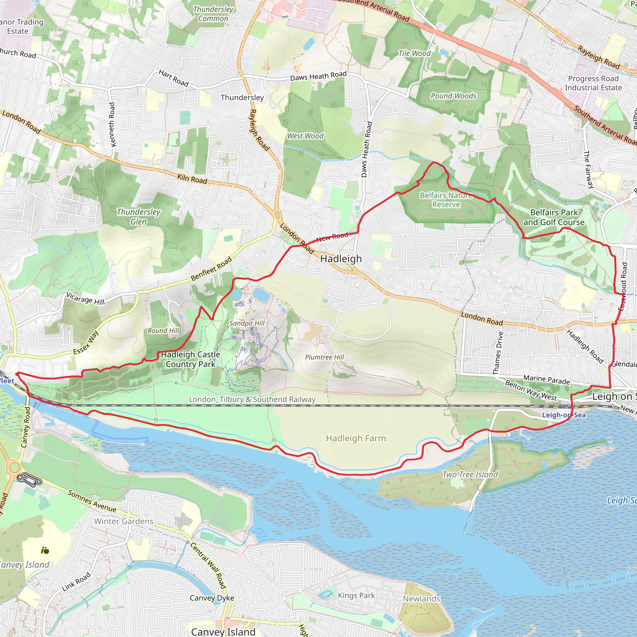 Benfleet to leigh on Sea Loop via Hadleigh Castle Country Park mobile static map