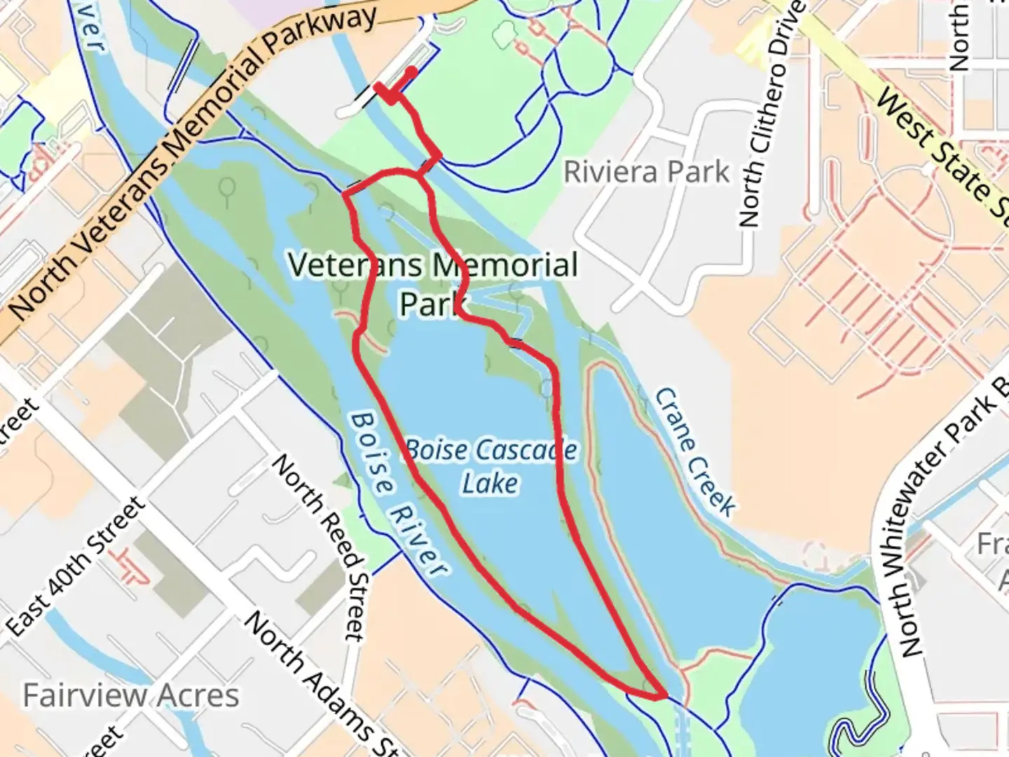 An image depicting the trail Boise Cascade Lake and Boise River Greenbelt Loop and its surrounding area.