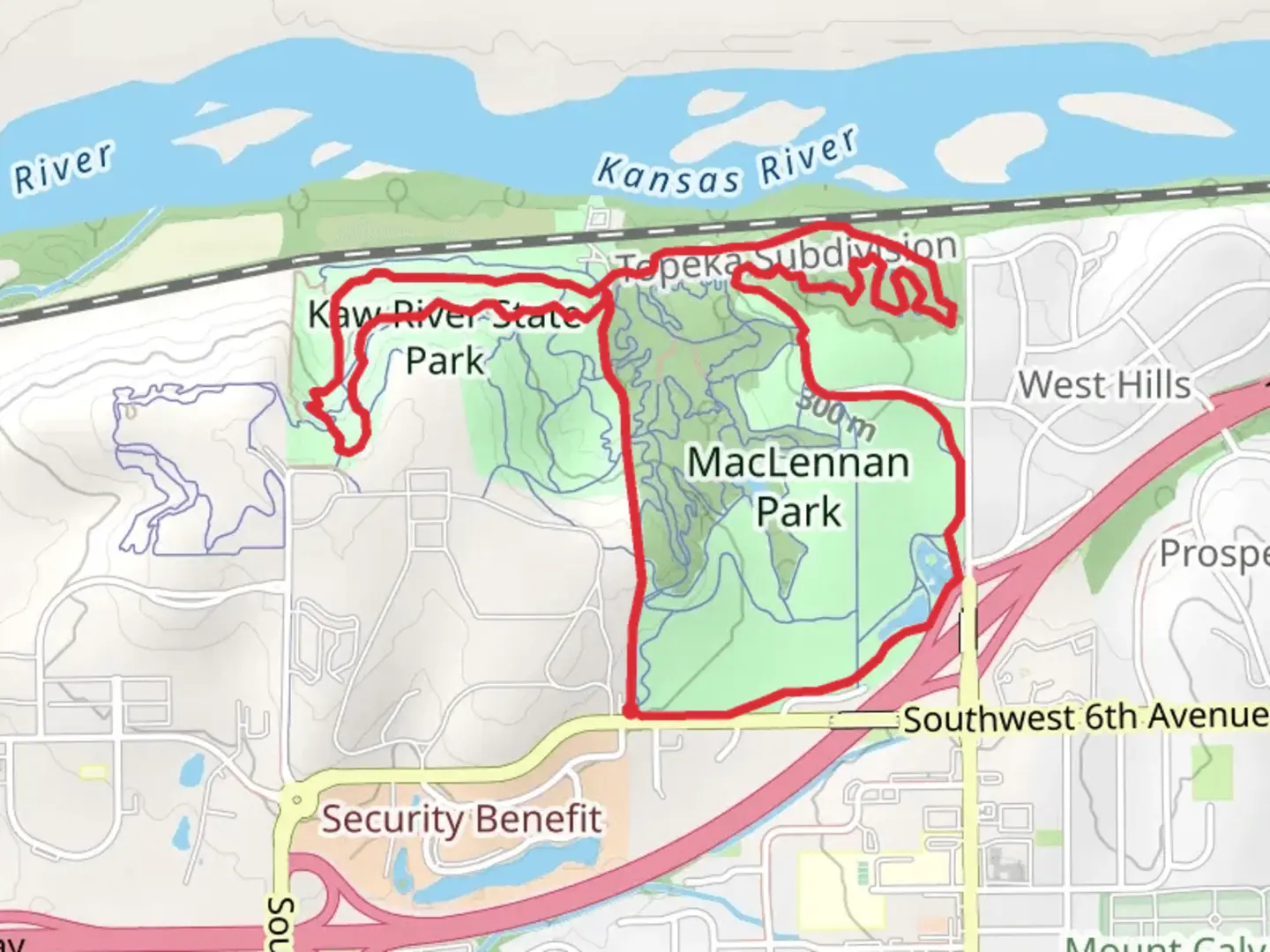 An image depicting the trail Kaw River Red Loop Trail and its surrounding area.