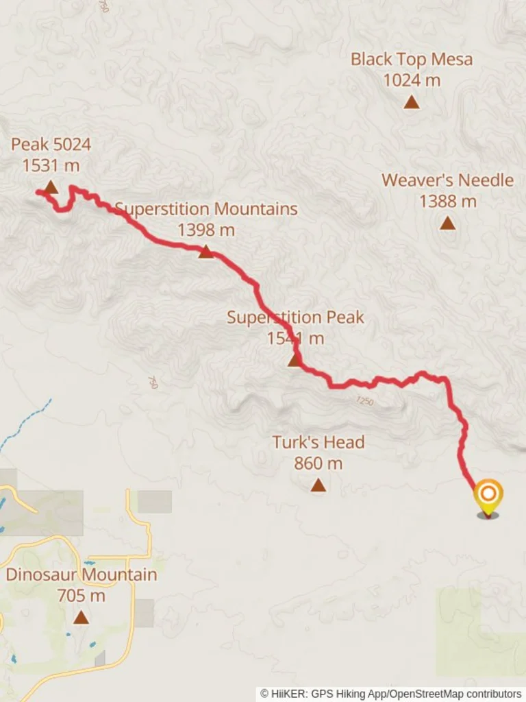 An image depicting the trail Superstition Mountains via Superstition Ridgeline Trail Out and Back and its surrounding area.