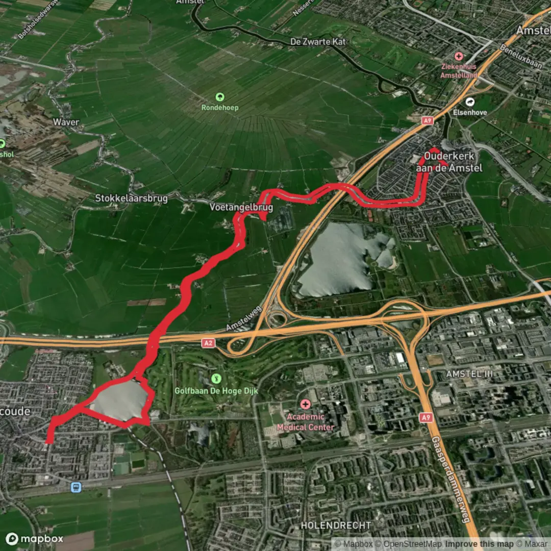 An image depicting the trail Abcouder Meer and Bullewijk Loop via Holendrecht Route and Voetangel Weg and its surrounding area.