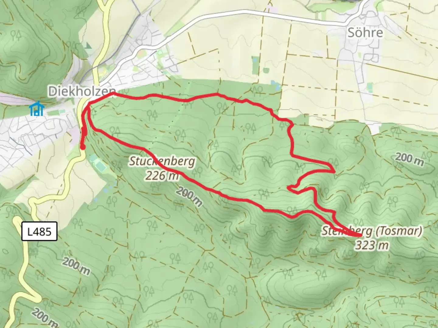 An image depicting the trail Ziegenberg and Tosmarberg Loop - Diekholzen and its surrounding area.