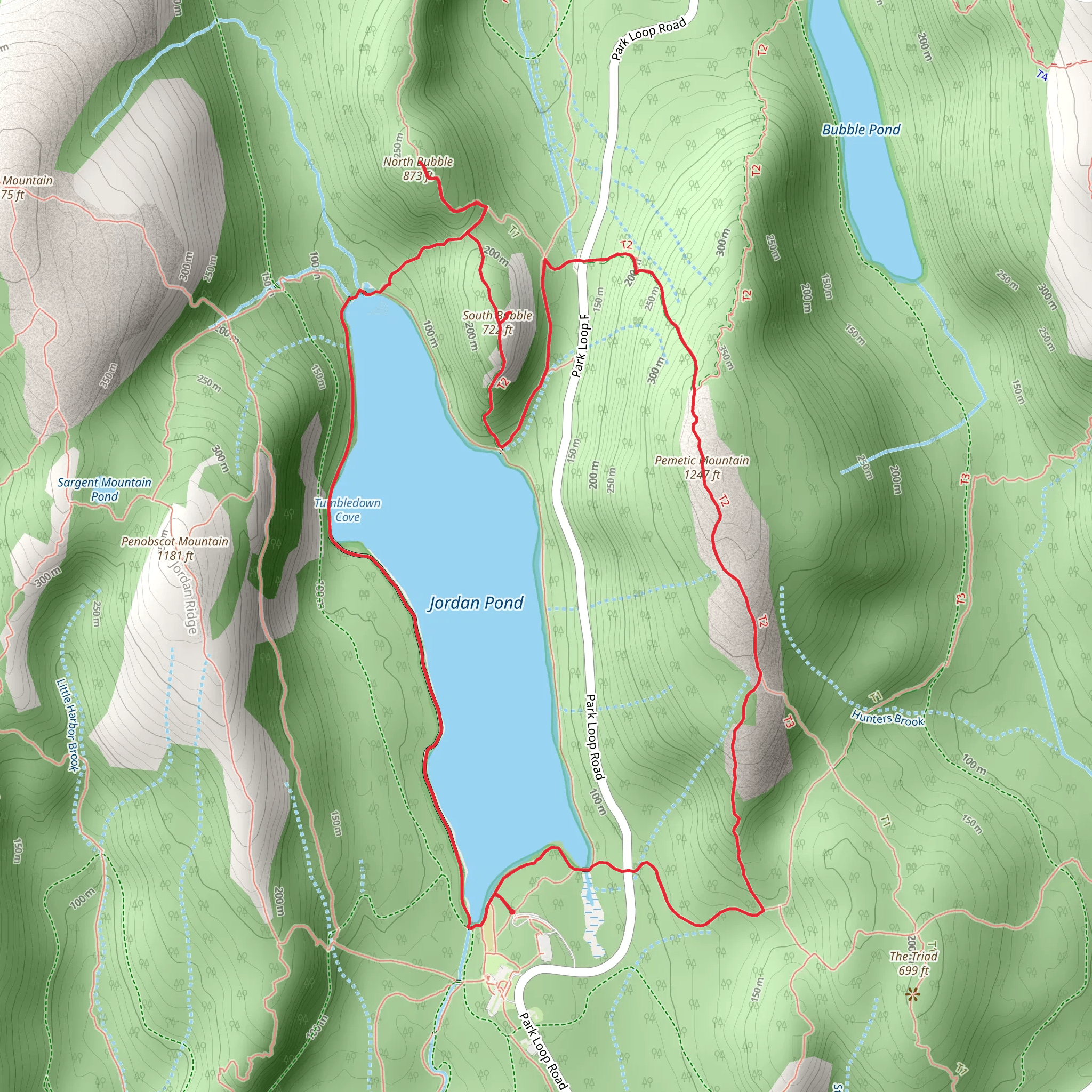 Jordan Pond, North Bubble and Pemetic Mountain Loop mobile static map