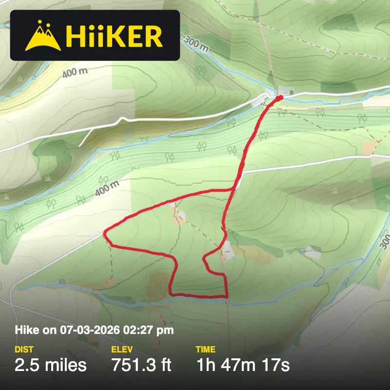 A map preview of the recording Hike on 07-03-2026 02:27 pm.