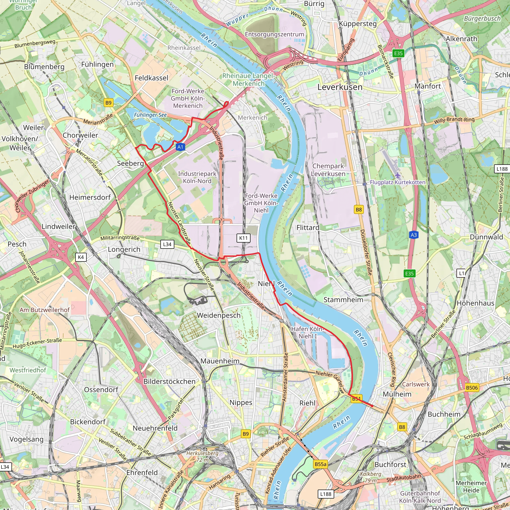 Merkenich to Muelheim via Rhine and Niederländer Ufer mobile static map
