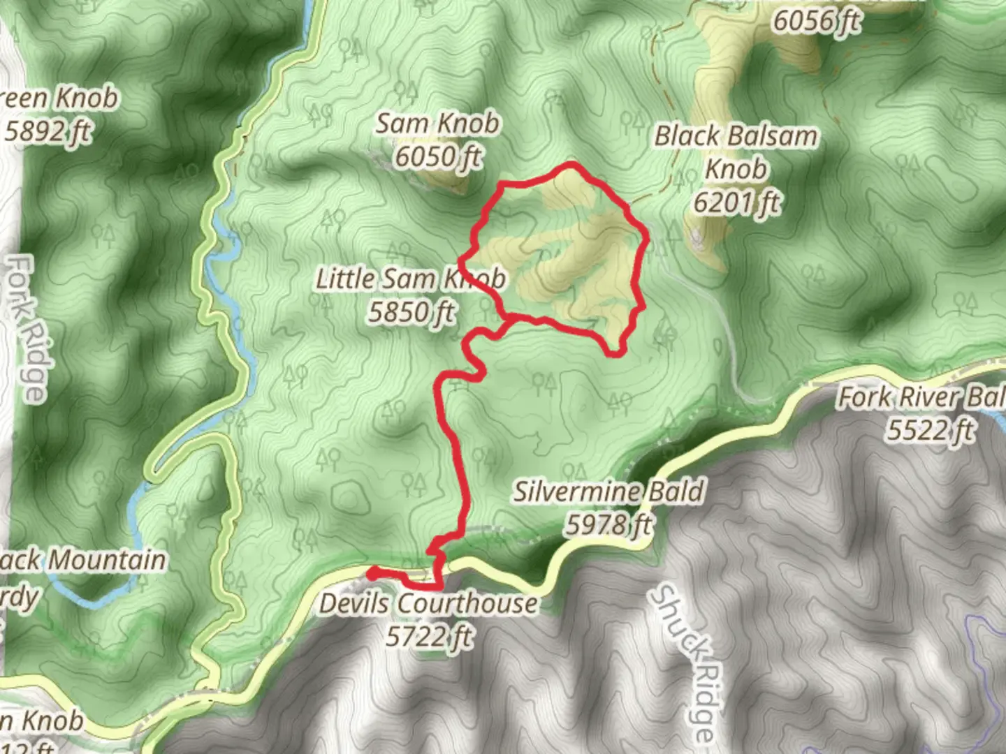 An image depicting the trail Little Sam Trail and Flat Laurel Creek Trail and its surrounding area.
