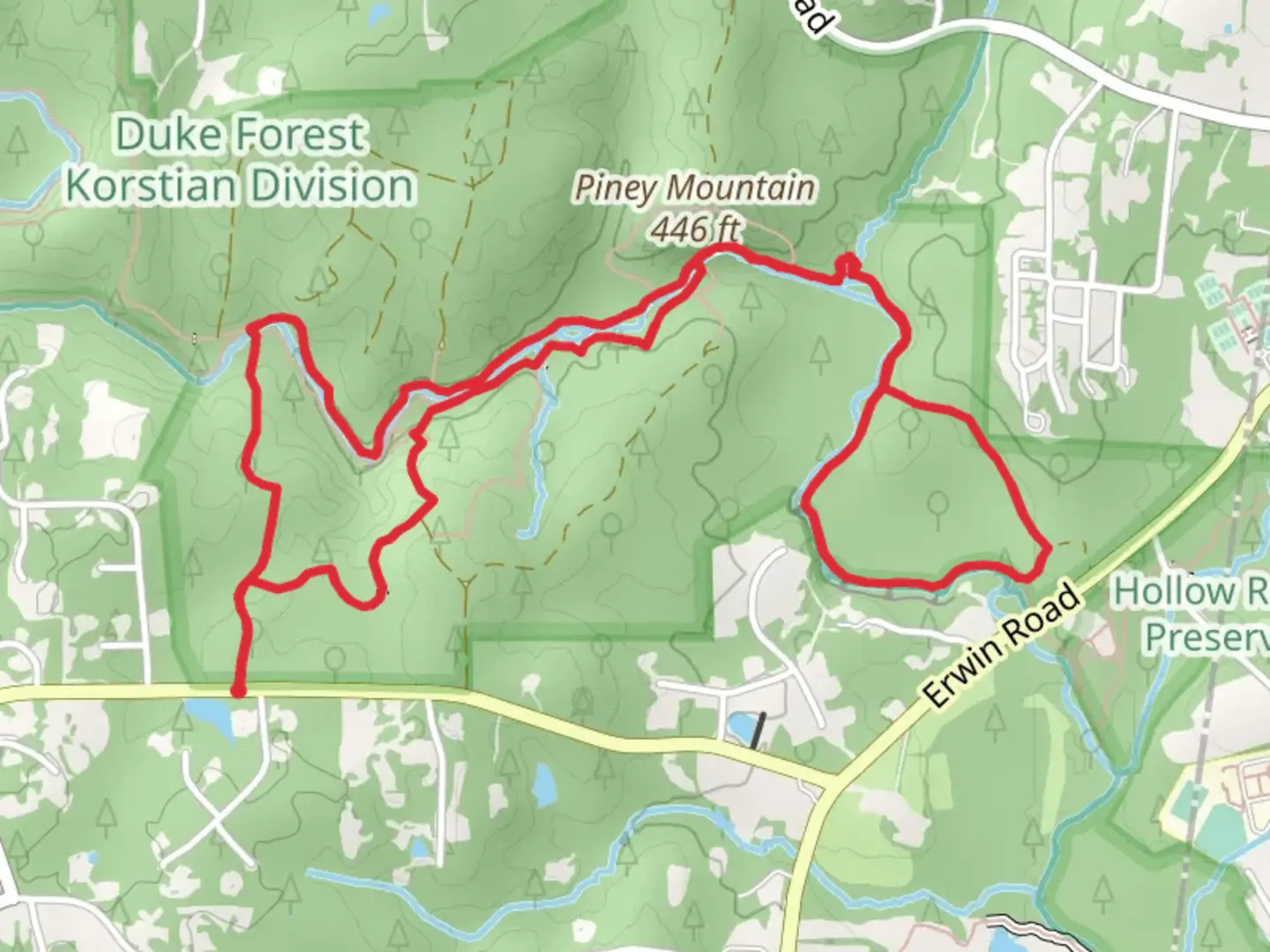 An image depicting the trail New Hope CReek North- South and Foot Loop Trail and its surrounding area.