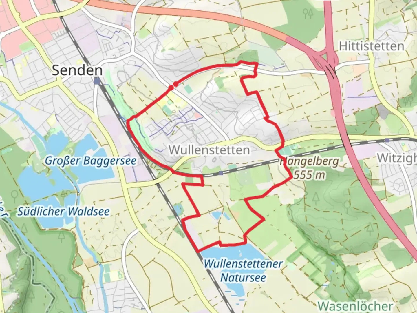 An image depicting the trail Wullenstettener Batursee and its surrounding area.