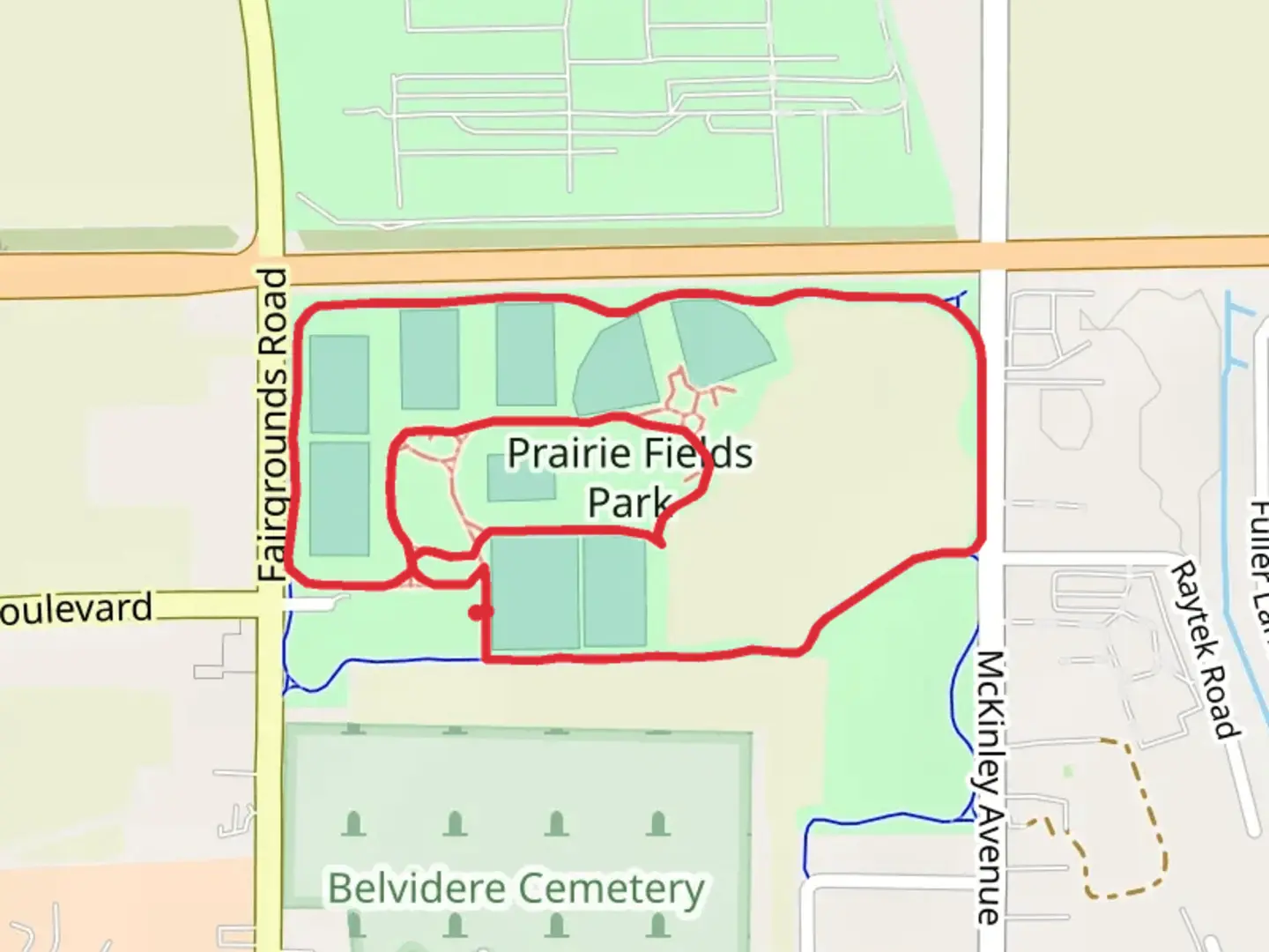 An image depicting the trail Prairie Fields Park Loop and its surrounding area.