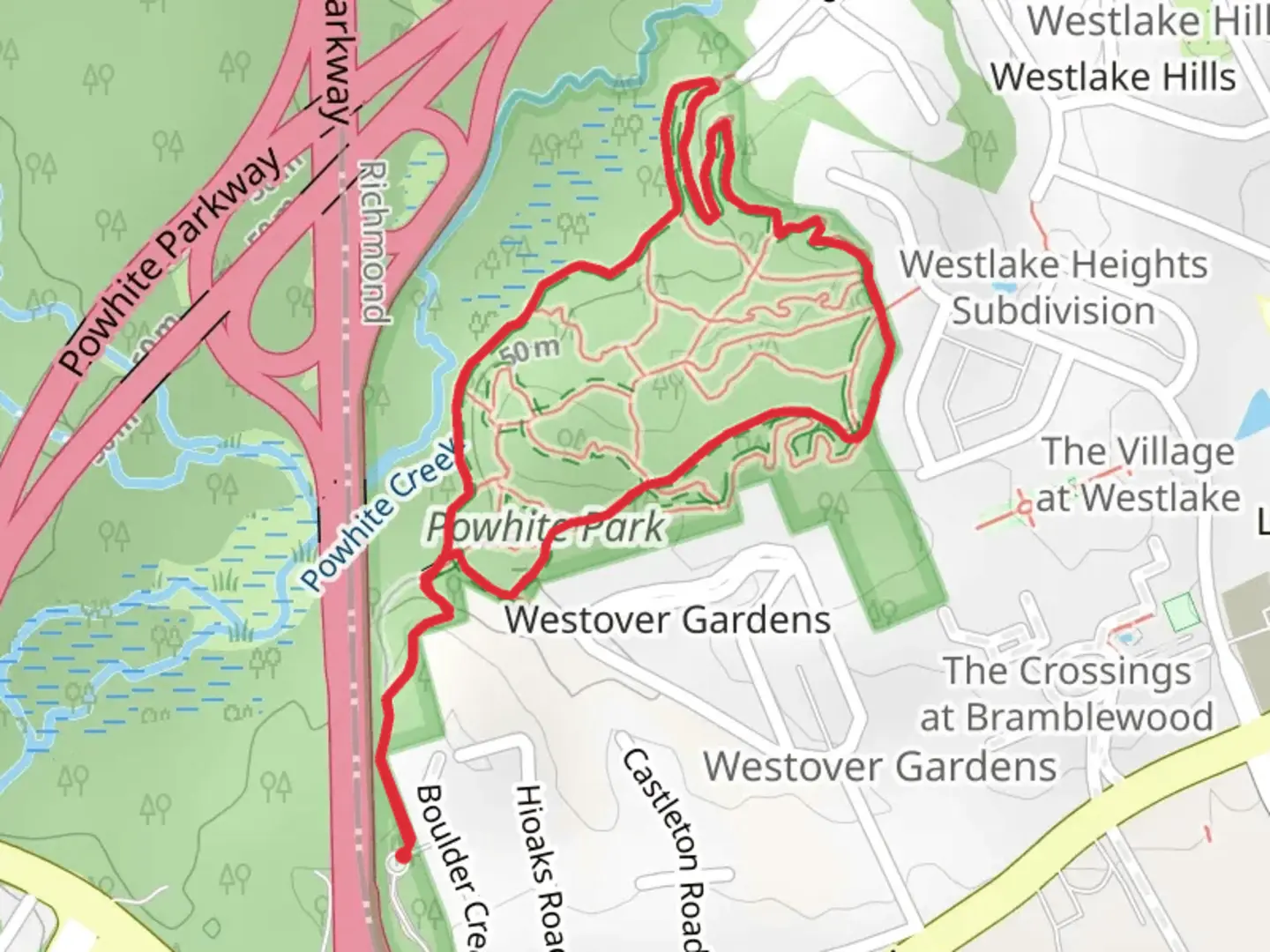 An image depicting the trail Powhite Park Loop Trail and its surrounding area.