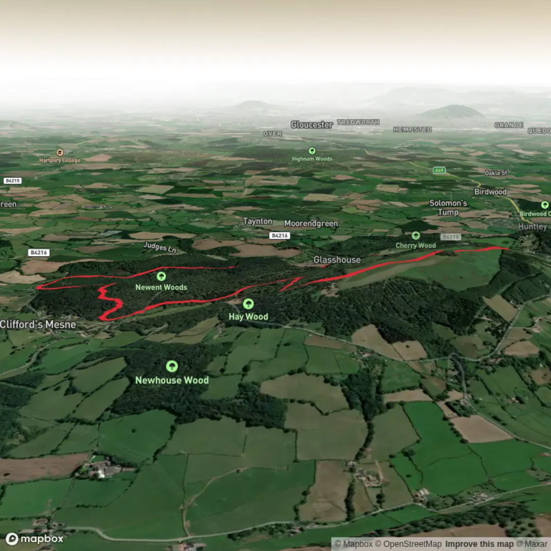 An image depicting the trail Newent Woods & May Hill - Upper Limits UK and its surrounding area.