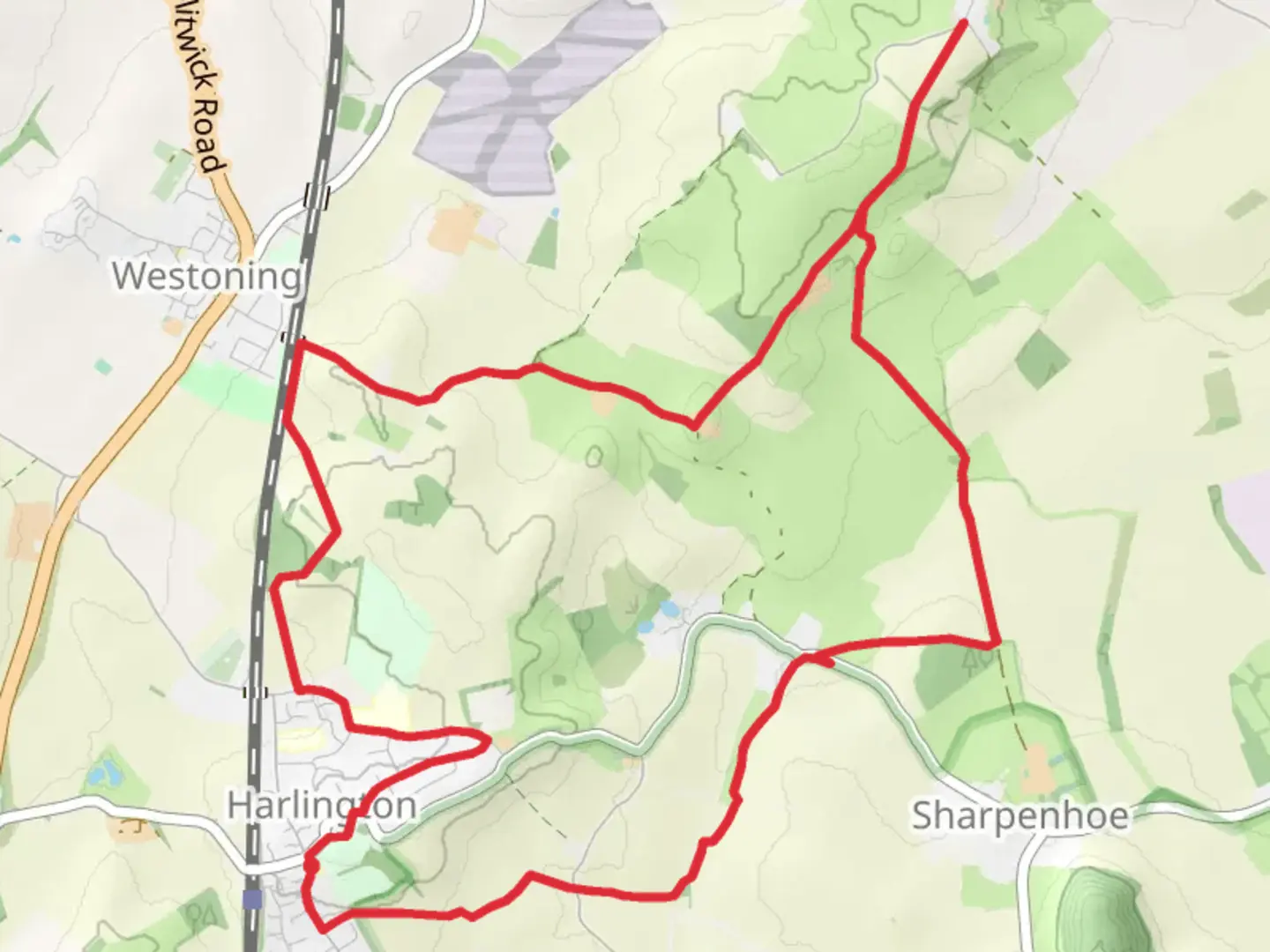An image depicting the trail Harlington Loop and its surrounding area.