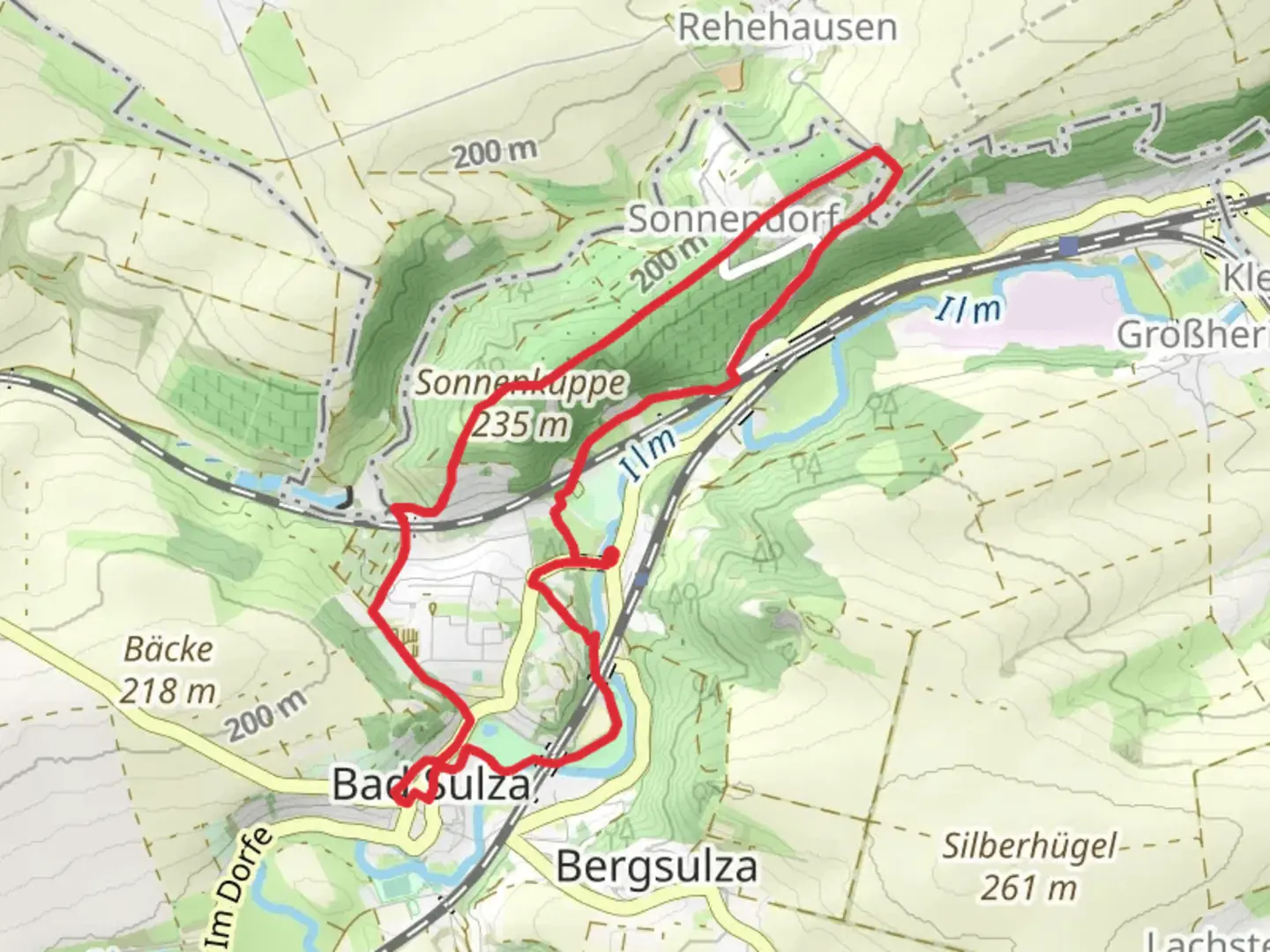 An image depicting the trail Bad Sulza Loop via Sonnenkuppe and its surrounding area.