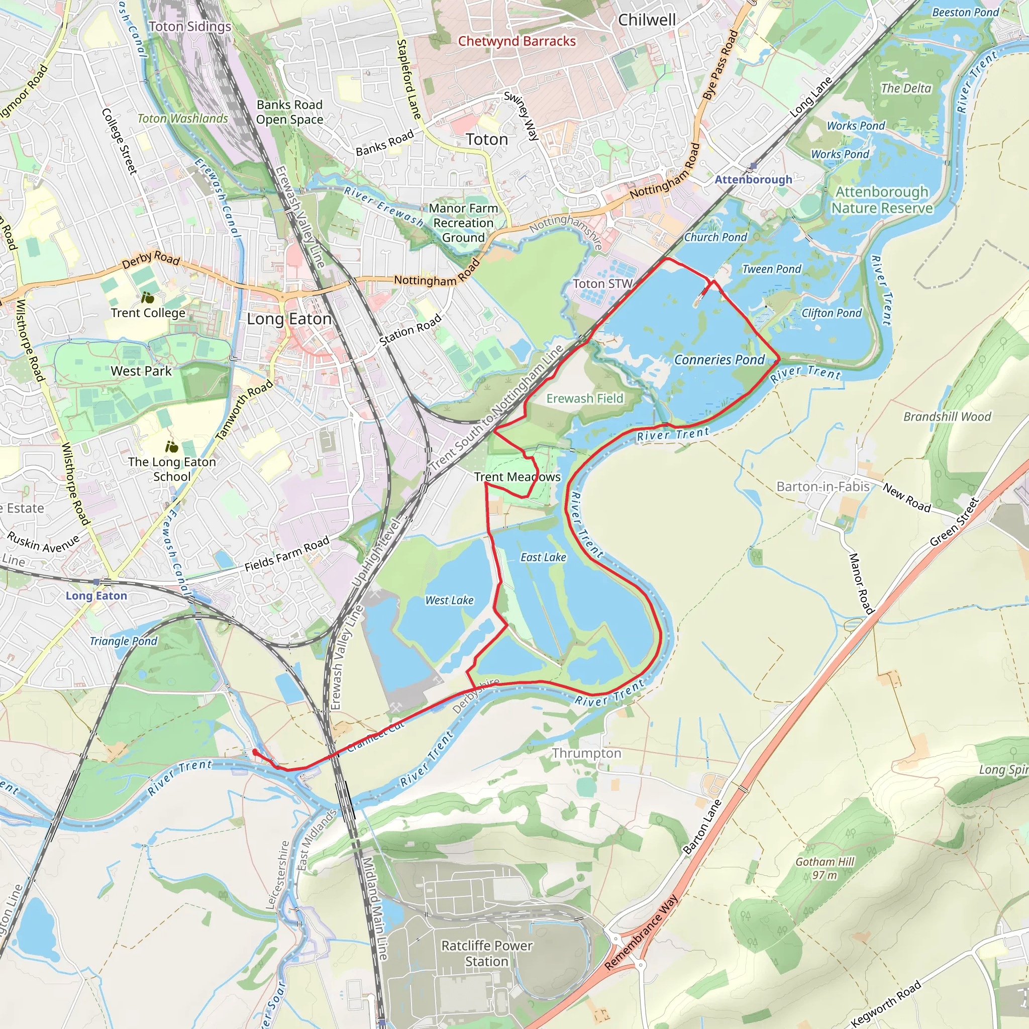 Attenborough Nature Reserve Short Loop via Trent Lock mobile static map