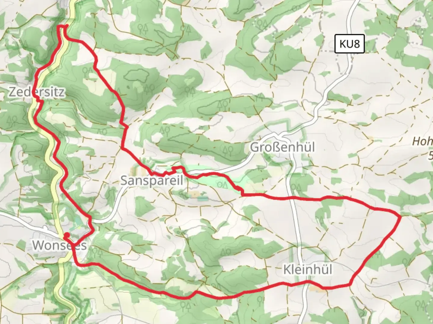 An image depicting the trail Hollfeld Rundweg and Wonsees Grosse Erlebnisrunde Loop and its surrounding area.