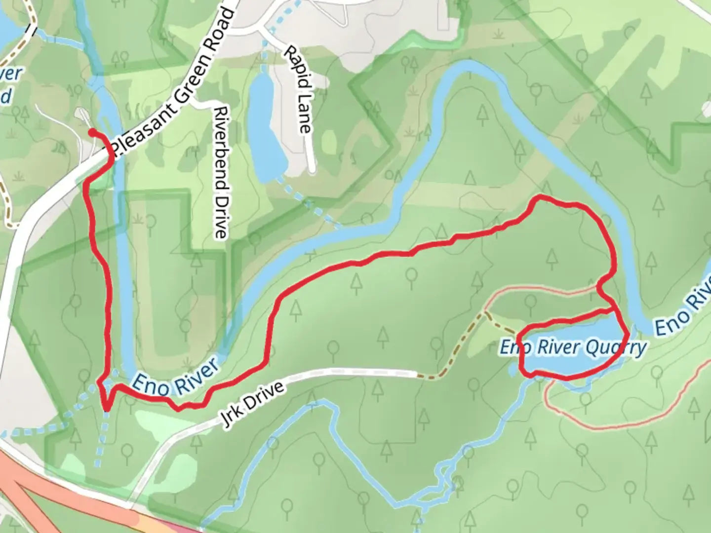 An image depicting the trail Eno River Quarry Loop via Laurel Bluffs Trail and its surrounding area.