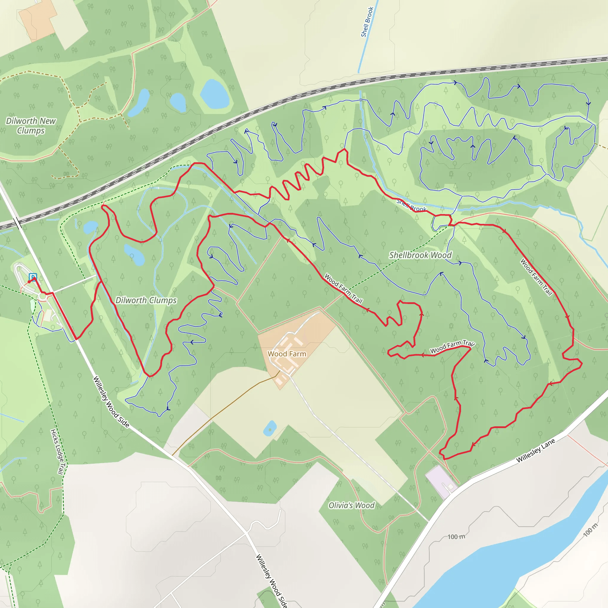 Dilworth Clumps and Shellbrook Wood via Wood Farm Trail mobile static map