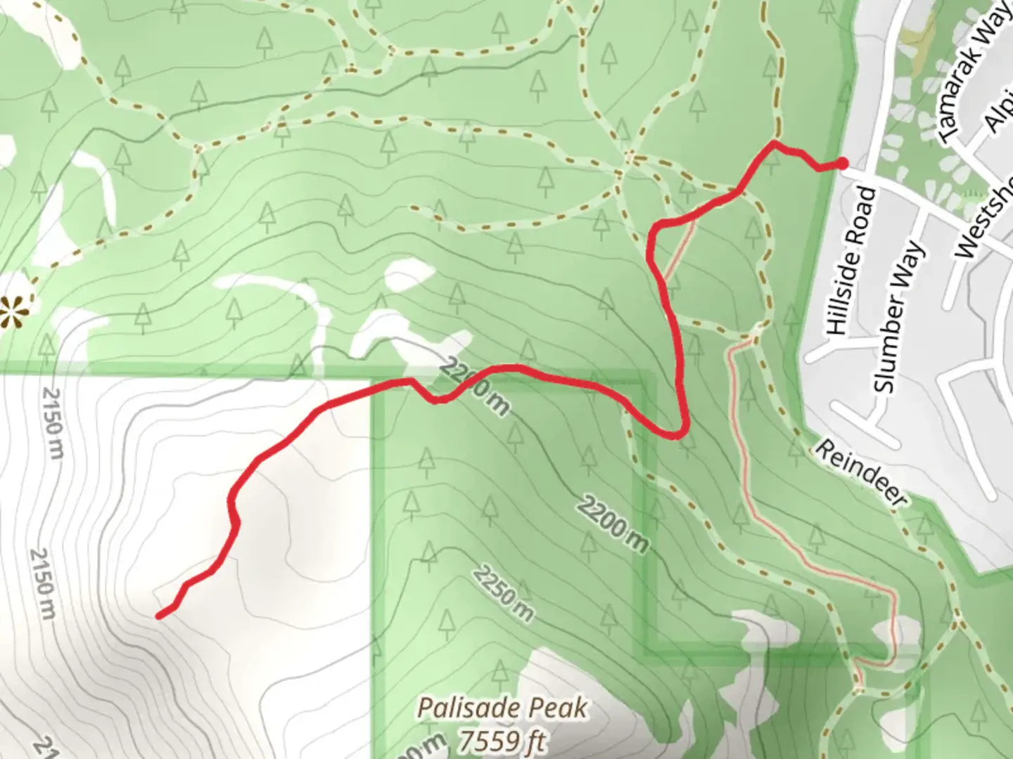 An image depicting the trail Kat's Walk and Palisade Peak and its surrounding area.