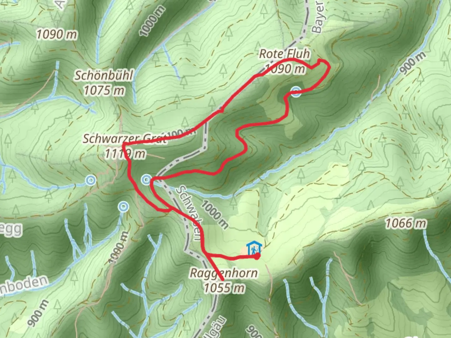 An image depicting the trail Raggenhorn, Schwarzer-Grat-Turm and Rote Fluh Loop via Adelegg Wandergebiet and its surrounding area.