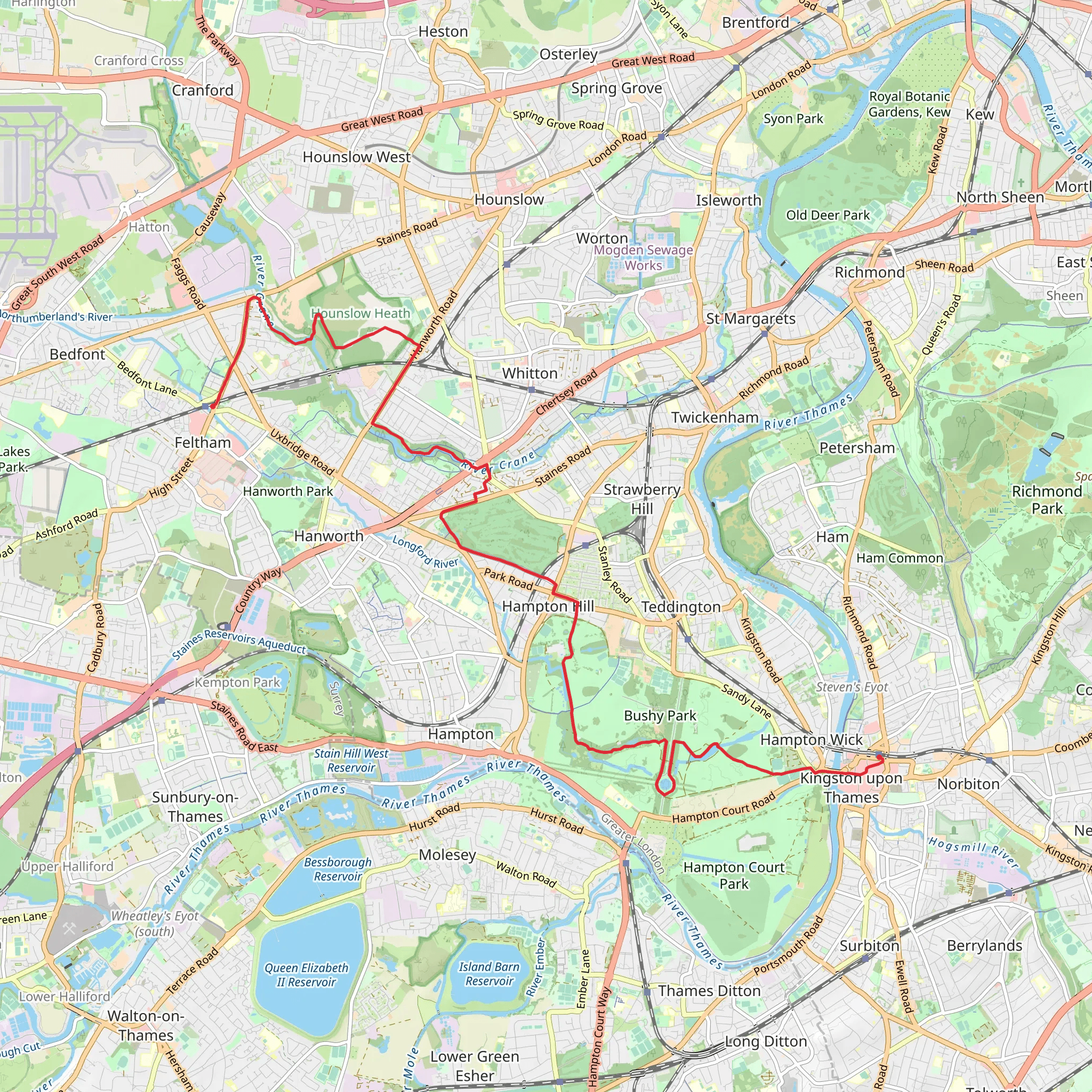 Kingston to Feltham Walk via Diana Fountain mobile static map