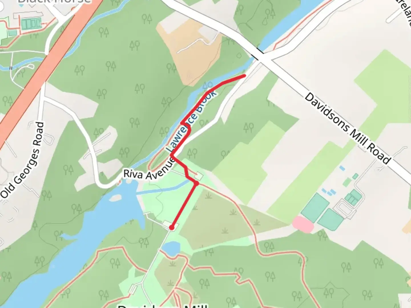 An image depicting the trail Lawrence Brook Out and Back and its surrounding area.