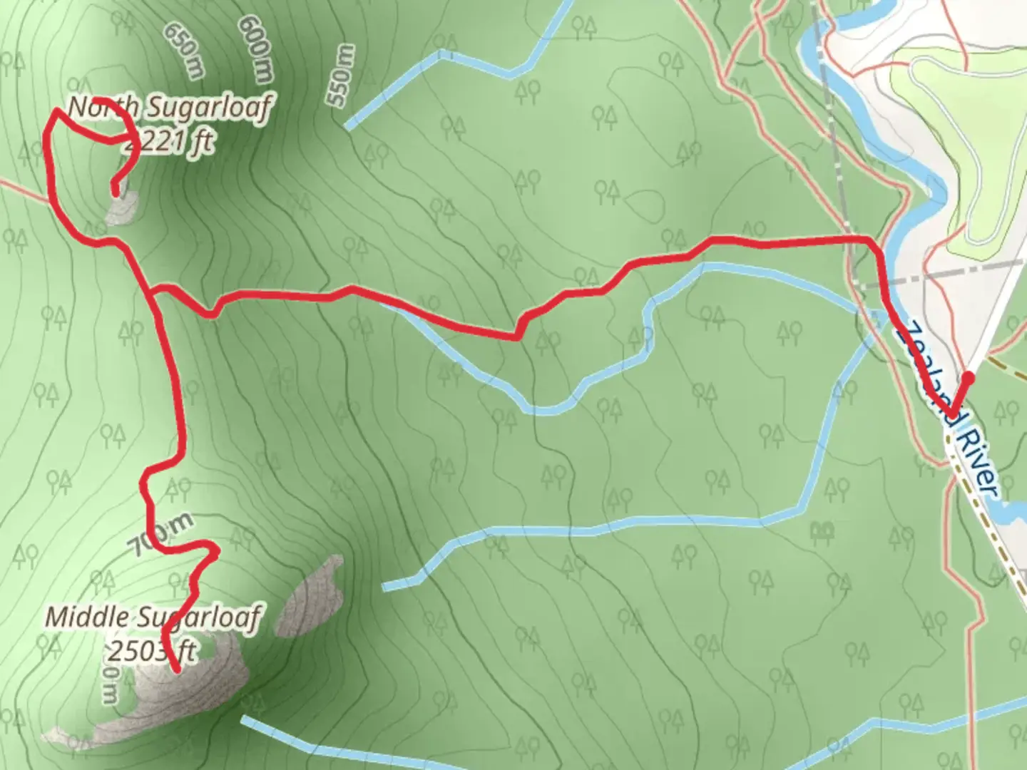 An image depicting the trail Sugarloaf Trail from Zealand Road and its surrounding area.