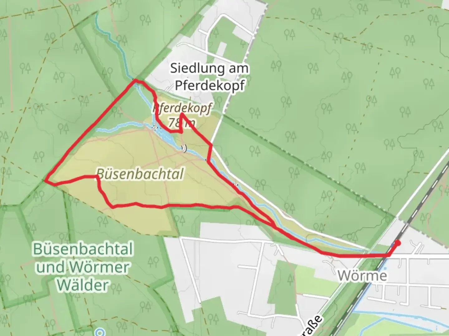 An image depicting the trail Feenteiche and Pferdekopf via Freudenthalweg and its surrounding area.