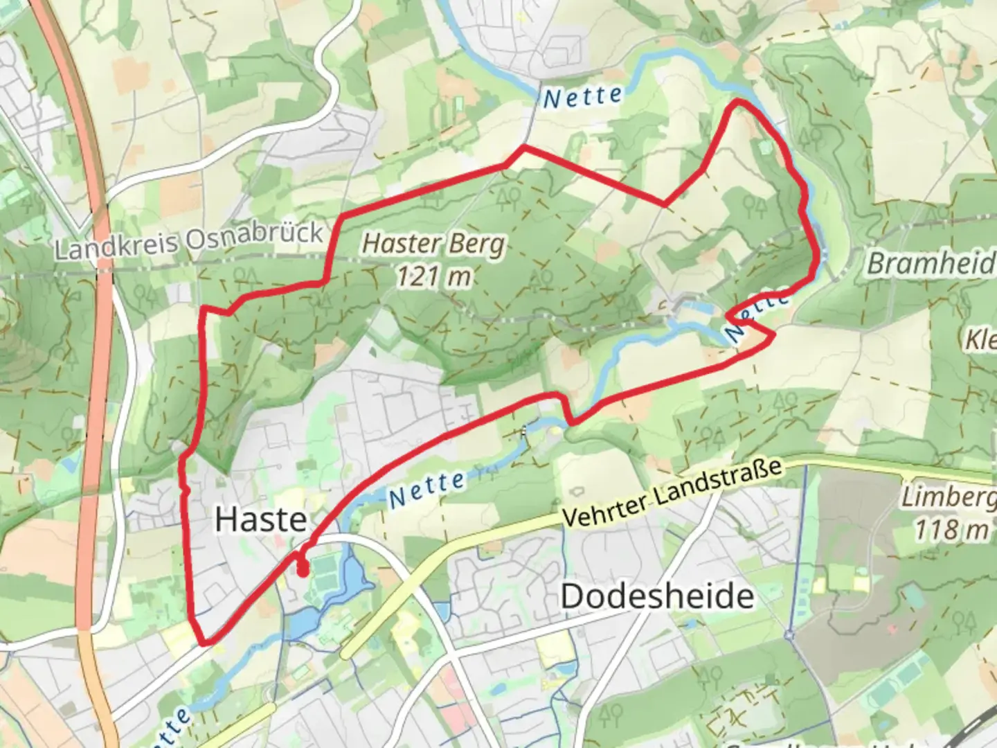 An image depicting the trail Nette via Wittekindweg and Hueneweg and its surrounding area.