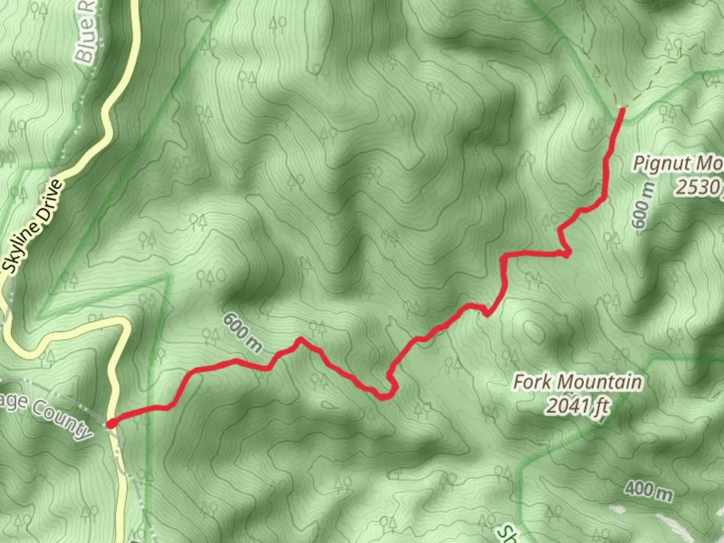 An image depicting the trail Hull School Trail from Skyline Drive and its surrounding area.