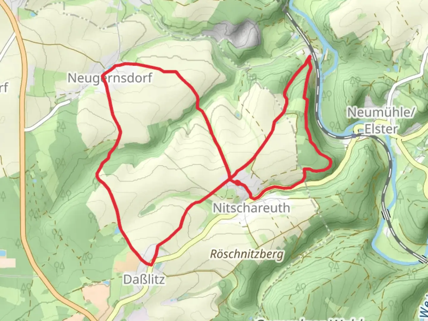 An image depicting the trail Thueringenweg and Elsterperlenweg and its surrounding area.