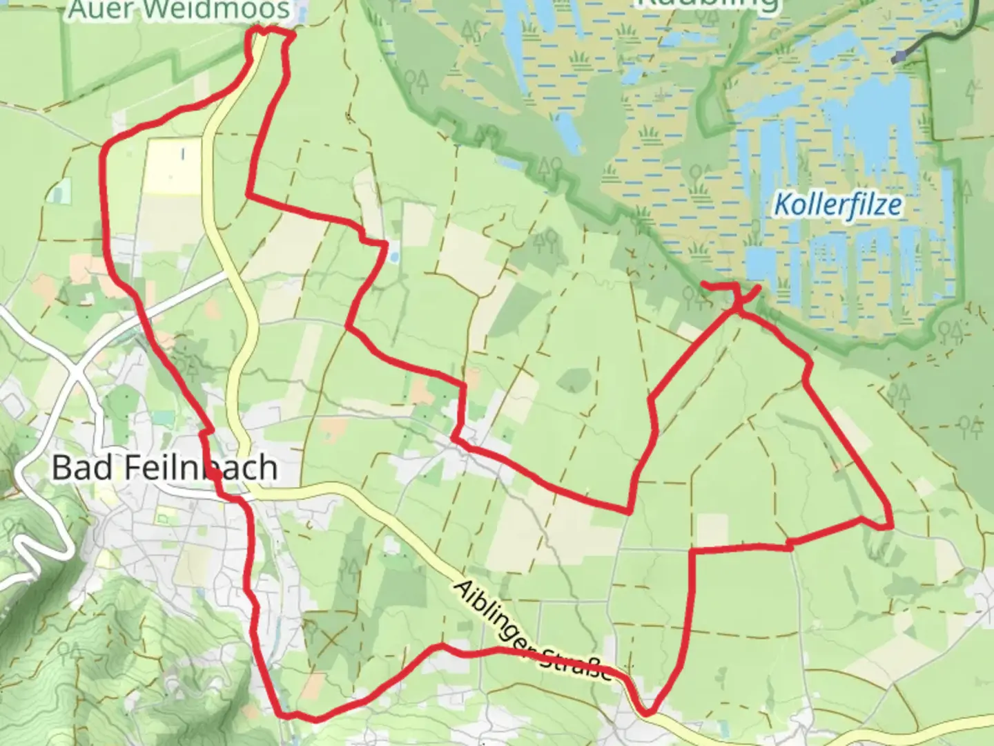 An image depicting the trail Bad Feilnbach Loop via Kollerfilze and its surrounding area.