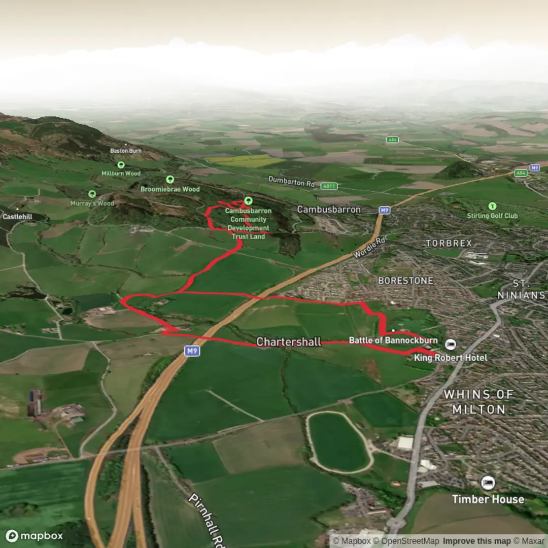 An image depicting the trail Bannockburn Visitor Centre to Polmaise Castle and its surrounding area.