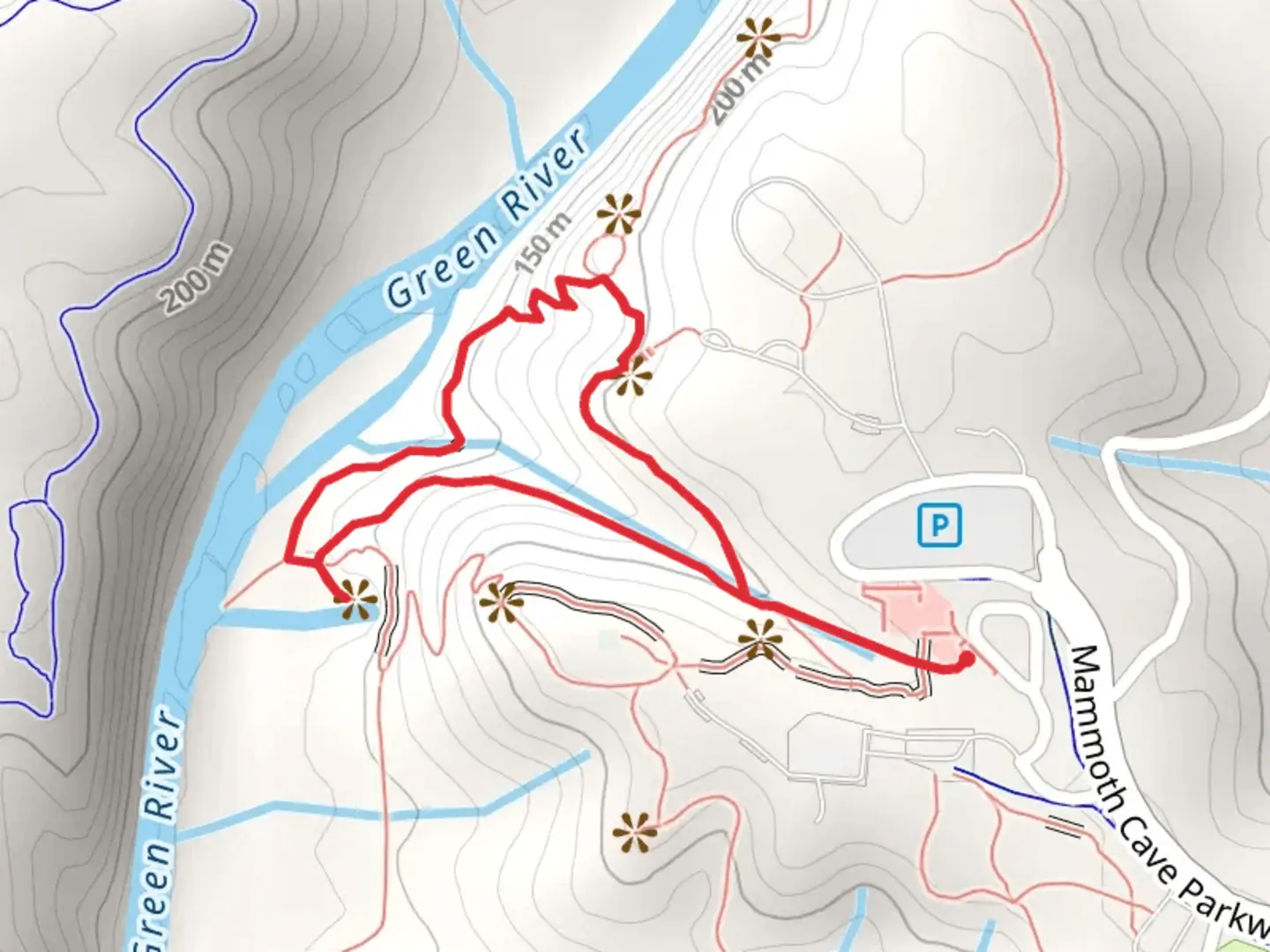 An image depicting the trail Dixon Cave and River Styx Spring Loop Trail and its surrounding area.