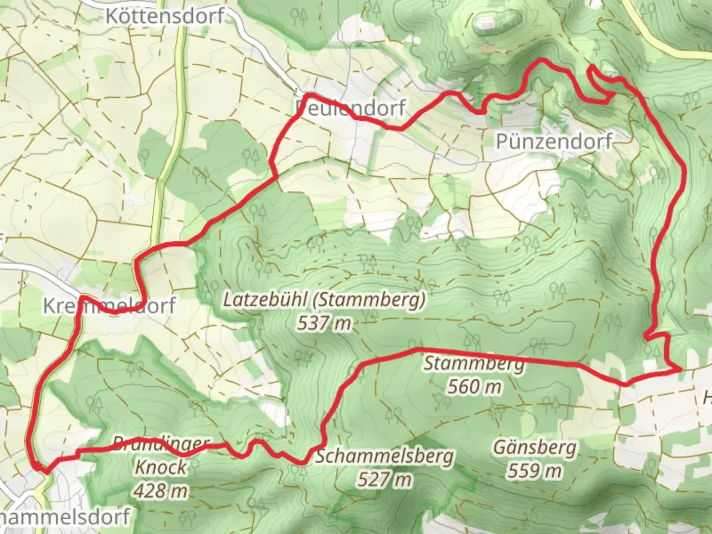 An image depicting the trail Shammelsdorf to Punzendorf Loop and its surrounding area.