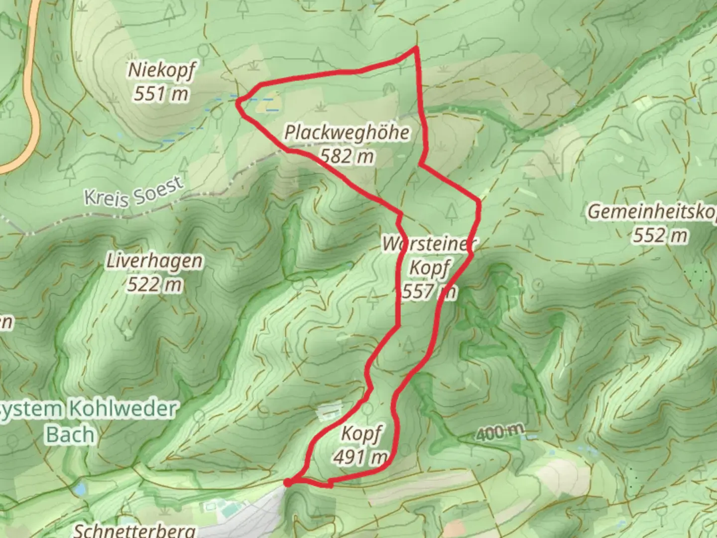 An image depicting the trail Warsteiner Kopf Loop and its surrounding area.