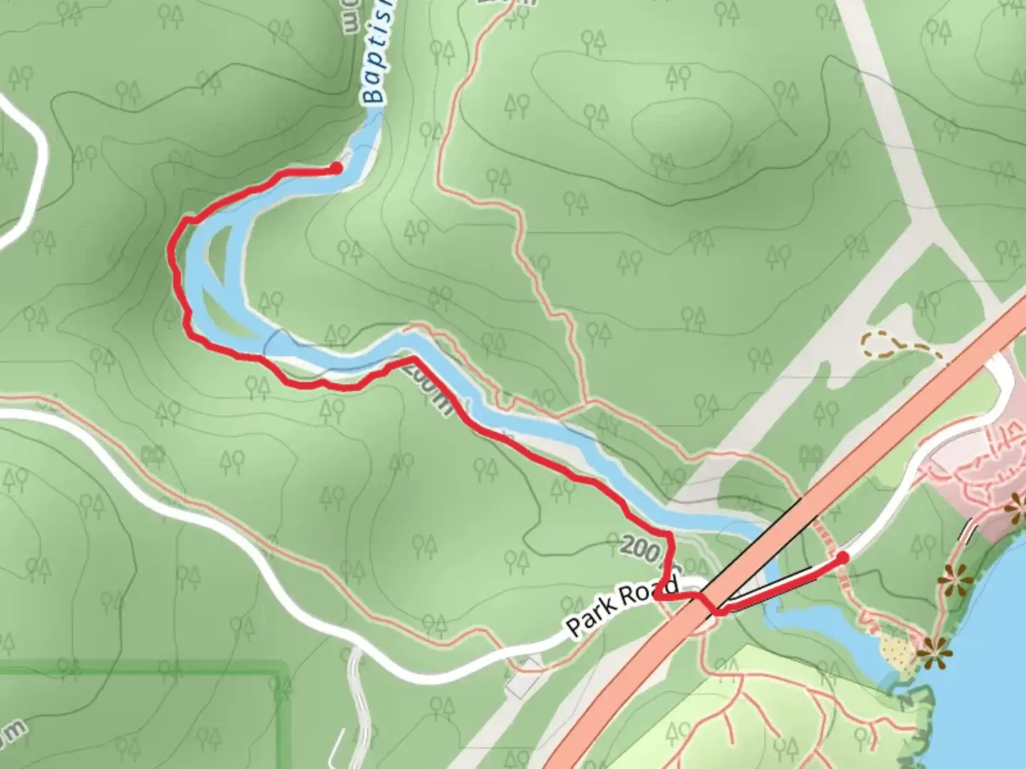 An image depicting the trail Baptism River via Cascades Trail and its surrounding area.