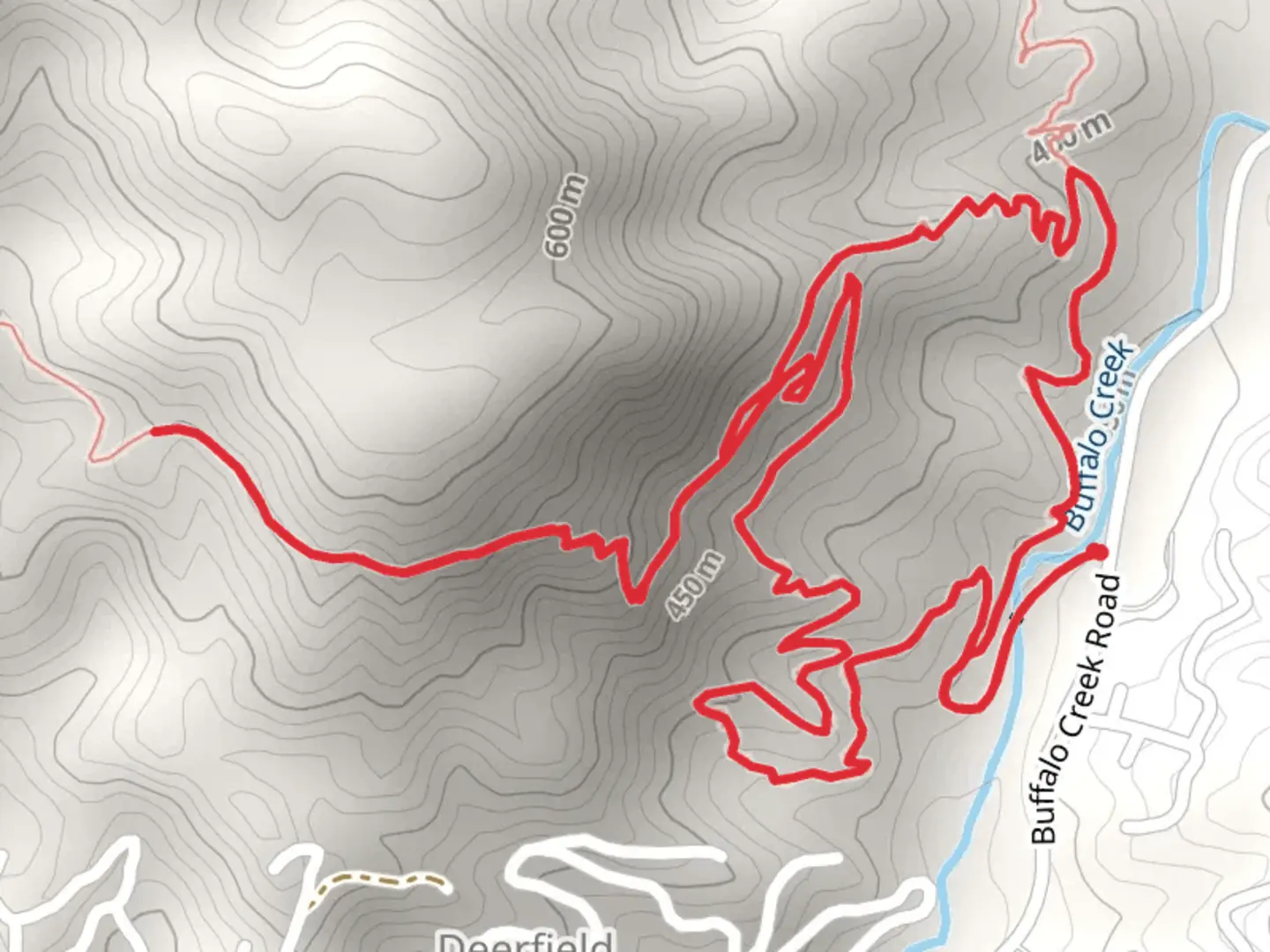 An image depicting the trail Buffalo Creek Park and Weed Path Mountain Loop Trail and its surrounding area.