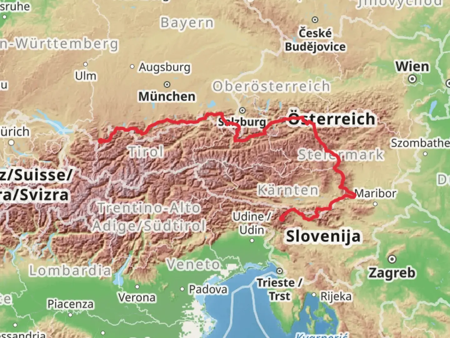 An image depicting the trail Via Alpina - Purple Trail and its surrounding area.