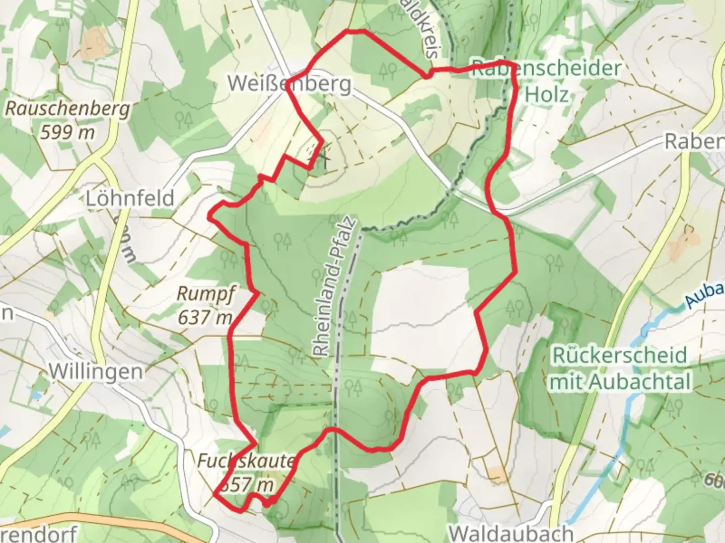 An image depicting the trail Ketzerstein Loop via Rothaarsteig Westerwald and its surrounding area.