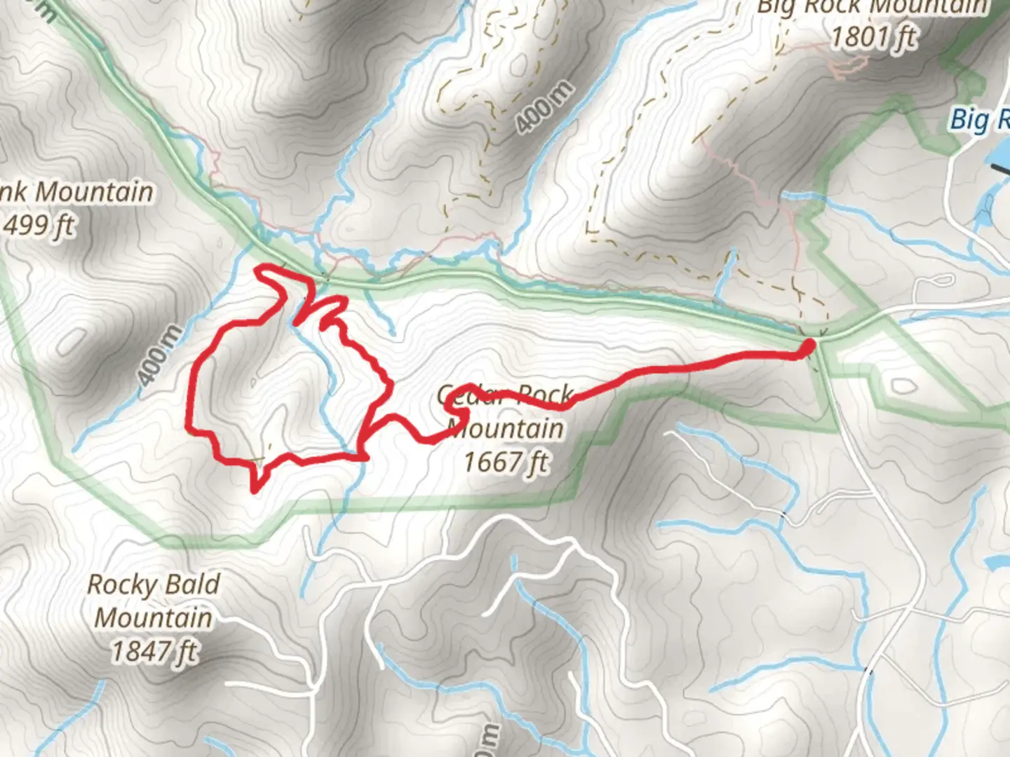 An image depicting the trail Cedar Rock and Rocky Bald Loop Trail and its surrounding area.