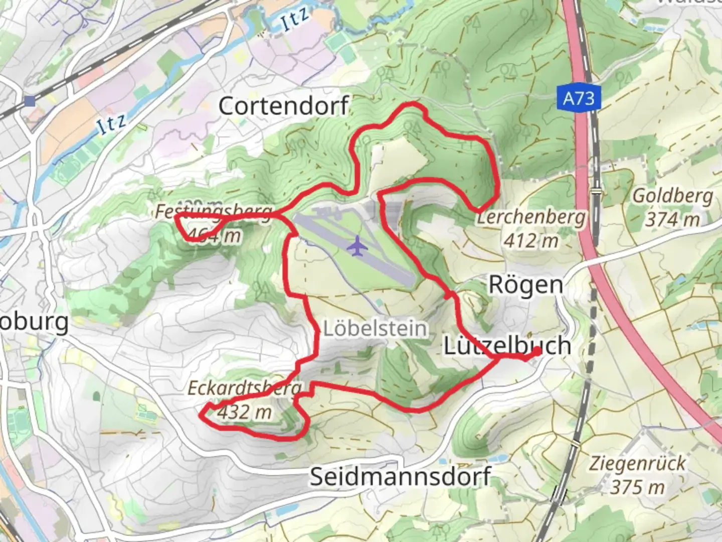 An image depicting the trail Eckardtsberg via Coburger Rundwanderweg and Carl Escher Weg and its surrounding area.